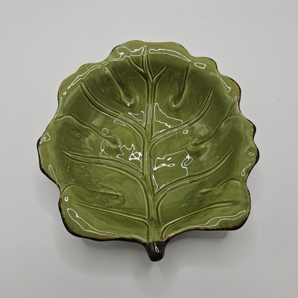 Leaves Green Cabbage Leaf Ceramic Serving Bowl Brown Rim Glossy‎ Botanical Dish